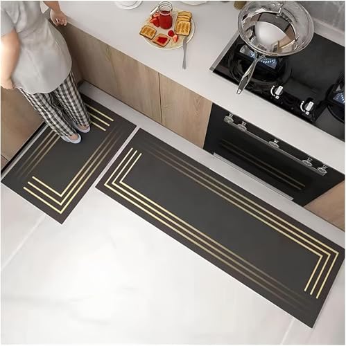 Image of KIMEE Kitchen Runner Mat (40x120 and 40x60cm) - Elegant Gold line Anti-Fatigue Floor Rug, Non-Slip Rubber Backing, Waterproof & Washable Heavy Duty Dirt Trapper for Home, Kitchen, and Hallways
