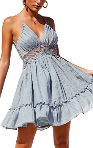 Image of ECOWISH Summer Dresses for Women 2026 V-Neck Spaghetti Strap Bowknot Backless Sleeveless Lace Mini Swing Skater Dress