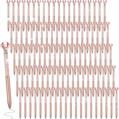 Sherr 100 Pack Big Crystal Diamond Pens Cute Ballpoint Pens Retractable Ballpoint Rhinestones Crystal Bling Gem Plated Black Gel Ink Office Supplies Gifts for Women(Rose Gold,Glitter)