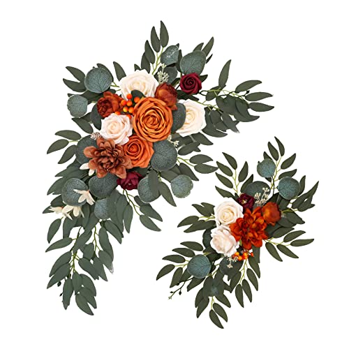 belupai Artificial Wedding Arch Flowers Set of 2, Rose Flower Swag Arrangements DIY Greenery Floral Swag for Wedding Reception Backdrop Table Decorations Welcome Sign