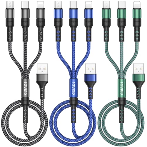 RAVIAD Multi Ladekabel 3 in 1, [3Stück 1.2M] Universal Ladekabel Mehrfach Anschlüsse Nylon Multi USB Kabel mit Micro USB Typ C Lightning für iPhone 16 15 14 Pro, Galaxy S25 S24 S23, Huawei, PS5