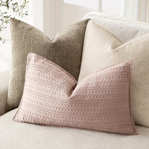 Image of Foindtower Set of 2 Decorative Cotton Waffle Weave Lumbar Throw Pillow Covers Euro Shams Cushion Covers Accent European Pillowcase for Bed Couch Bedroom Living Room Home Decor 12x20 Inch Dusty Pink