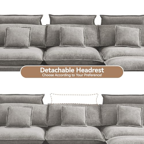 Image of 103'' Cloud Modern 3 Seater Couch with Detachable Headrest, Modular Sectional Sofa with Ottoman, Oversized L Shape Chenille Comfy Sofa with Armrests for Living Room, Light Grey
