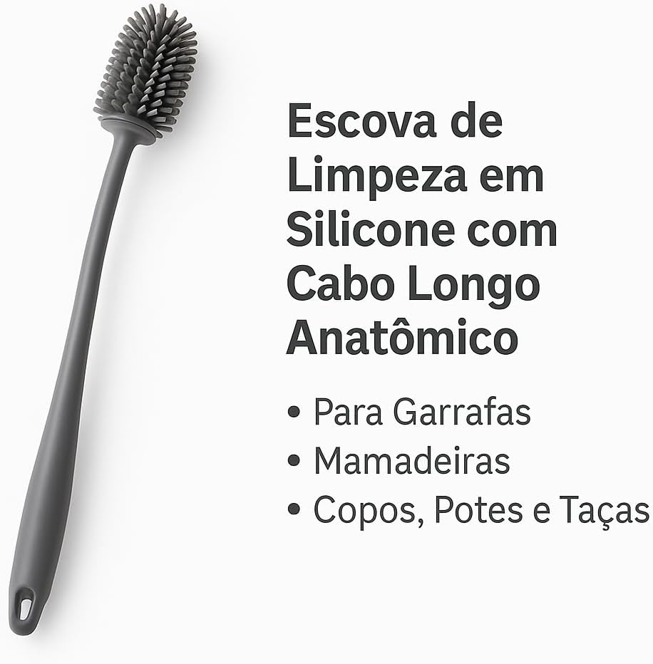 Kit 2 Escovas De Limpeza Para Garrafas Mamadeiras Copos Potes e Taças Silicone 31 Cm Cabo Longo Anatômico