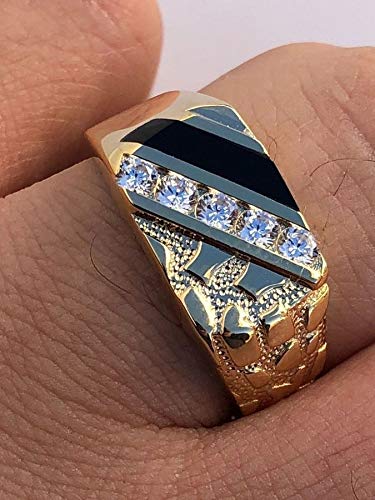 14k Gold Over Real Solid 925 Sterling Silver Men's Silver Nugget Ring - Iced CZ & Black Onyx - Pinky or Ring Finger - Sizes 6-132