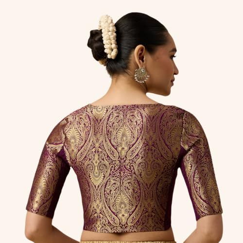 Image of Studio Shringaar Women's Brocade Side Stretch (Smocked) Readymade Saree Blouse