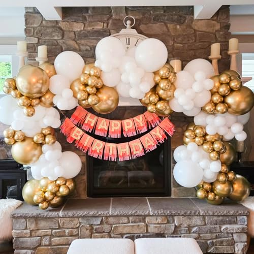 Image of White and Gold Balloons Arch Kit,130pcs Gold and White Balloon Garland,Different Sizes White Latex Balloons for Wedding,Engagements,Birthday,Baby Shower Anniversary Decorations
