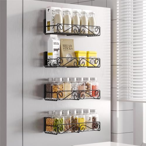 Image of Magnetic Spice Rack for Refrigerator, 4 Pack Strong Magnetic Shelf for Spices, Jars, Bottles, Perfect Space Saver for Small Kitchen /Apartment (Black, 4pack)