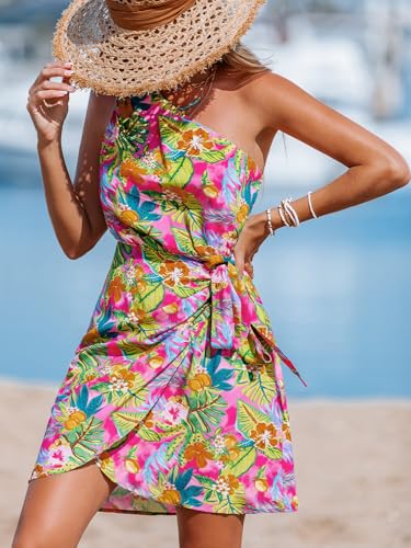 Image of CUPSHE Women's One Shoulder Leaf Print Self-tie Short Dress Sleeveless Tiered Hem Formal Dress Casual Mini Dress