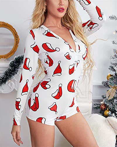 Dames Sexy Kerstprint Rompers Button Down Lange Mouwen Shorts Diepe V-hals Een Stuk Slanke Pyjama Jumpsuits Nachtkleding, M Wit, S - Afbeelding 4