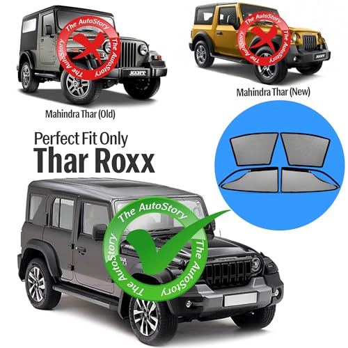 Image of AutoStory Magnetic Car Sunshade for Thar Roxx | Front Half Cut for Mirror Visibility + Rear Full Coverage with Zipper | Heavy Heat & UV Protection | Privacy Side Window Curtains Shades
