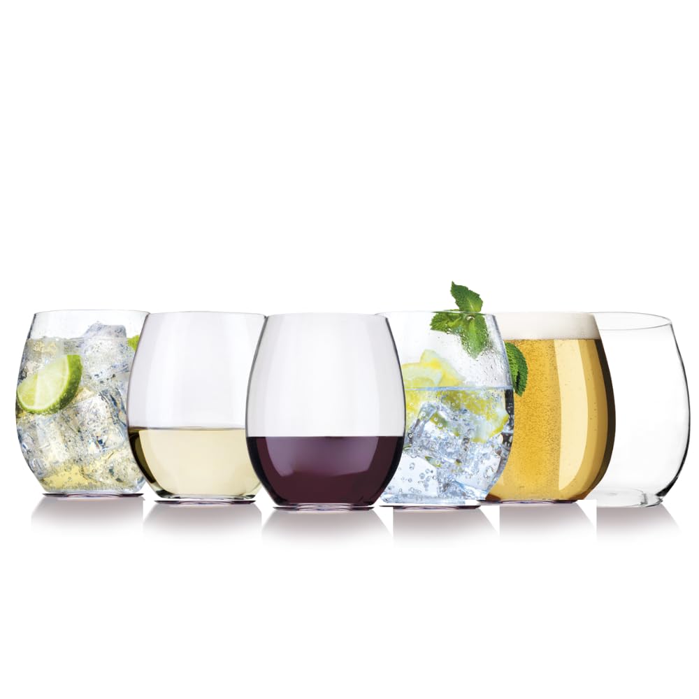 Aios Clear. Set Of 6 Tritan Bpa Free Unbreakable Stemless Wine Glasses. Capacity 390Ml/12Oz