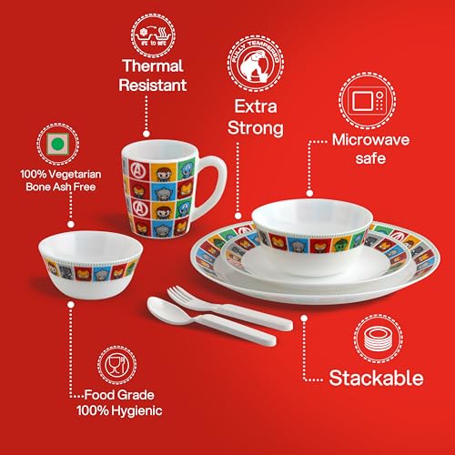 Image of CELLO Kidzbee Avengers Design Set of 7 Pieces Opalware Kids Dinner Set, White | Food Grade Toughened OpalGlass, Microwave & Dishwasher Safe, Bone Ash Free, Stackble Bowls Mug & Plates Kids Dinner Set