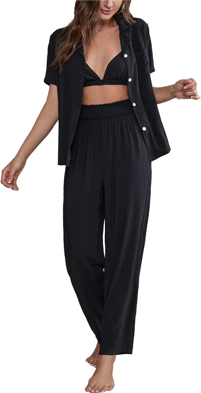 Conjunto genérico de pijama de 3 piezas para mujeres ropa de dormir abotonada ropa de dormir suave pijamas conjuntos de salón con sujetador sexy