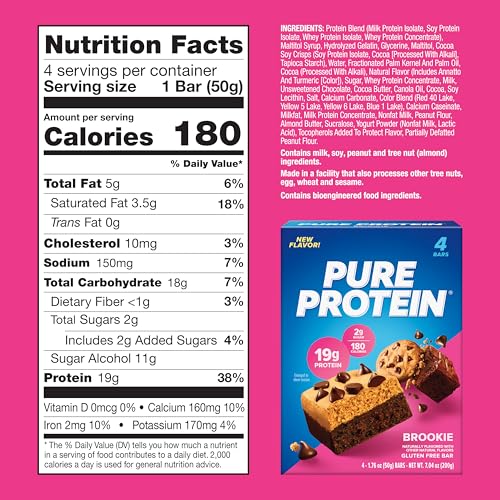 Pure Protein Bars, High Protein, Nutritious Snacks to Support Energy, Low Sugar, Gluten Free, Brookie, 1.76oz, Pack of 4
