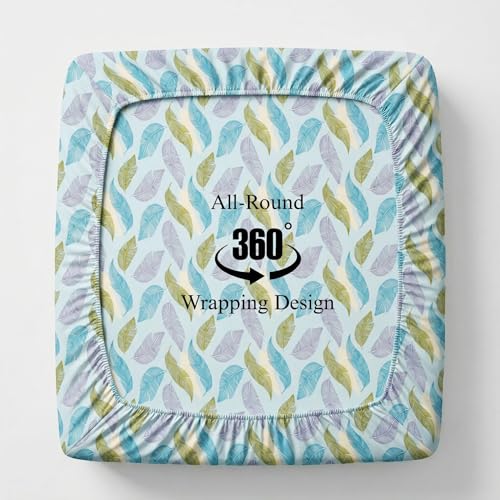 Image of VAS COLLECTIONS King Size Cotton Fitted Bedsheet (78 x 72 + 14 Inches) with Deep Pocket | 220 TC Soft Breathable Wrinkle Free Elastic Bed Sheet for King Mattress | (Green & Sky)