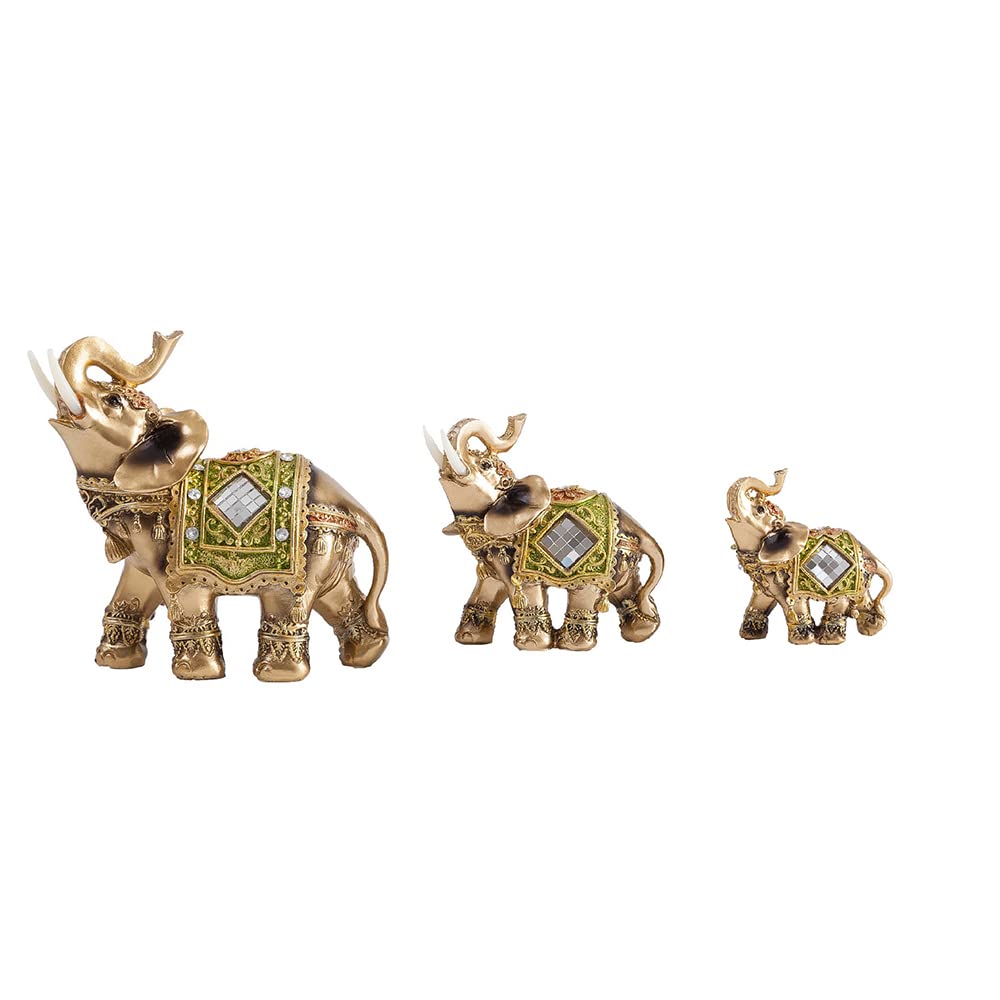 Elefantes de resina verdes en set de 3 figuras decorativas de tres tamaños