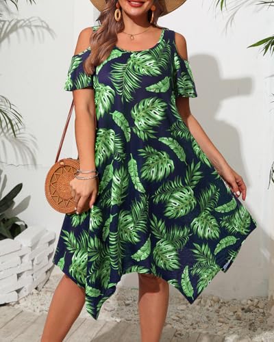 Image of Pinup Fashion Plus Size Summer Sundress Casual Flowy Cold Shoulder Dress