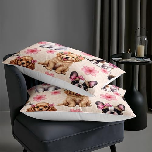 Image of AILONEN Cute Dog Printed Comforter Set Full Size for Girls - Kawaii Puppy Animal Pattern Quilt & 2 Pillowcases - Soft Breathable Pink Floral Bedding Set 3Pcs
