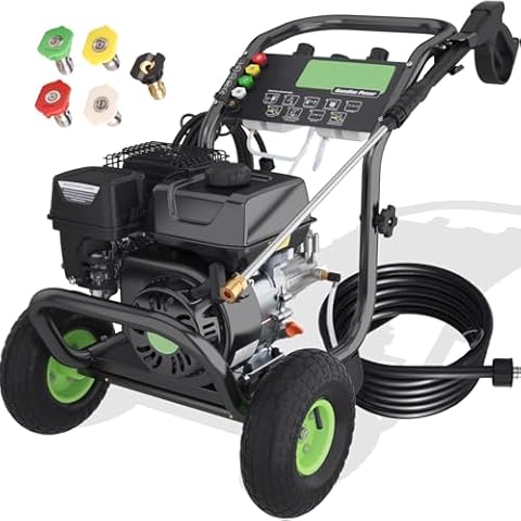 TEANDE 4000PSI 2.6GPM Gas Pressure Washer, 196CC 6.5HP Engine Gas Pressure Washer with 5 Nozzles 25FT Hose, Commercial Power Washer Gas Powered for Home Yard Garden Car Driveway Fence, Green Cover