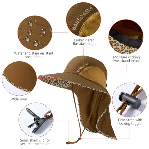 Image of BASSDASH UPF 50+ Unisex Water Resistant Wide Brim Sun Hat with Large Neck Flap Ponytail Fishing Hat for Men Women