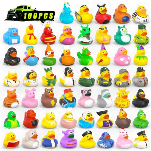 100 Pcs Rubber Ducks in Bulk, Assortment Jeep Ducks for Jeeps Ducking, Toddler Baby Bath Toys Christmas Party Favors Summer Beach Pool Activity Duckies Bulk