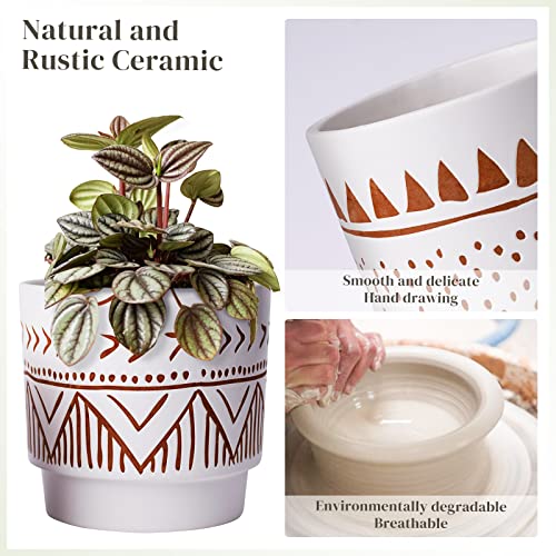 Geometric-Ceramic-Planters-6-Inch-Hand-Painted-Ceramic-Embossed-Plant-Pots-with-Drainage-Holes-2-Set-Boho-Minimalistic-Planters-for-Indoor-and-Outdoor-PlantsBeige-Brown