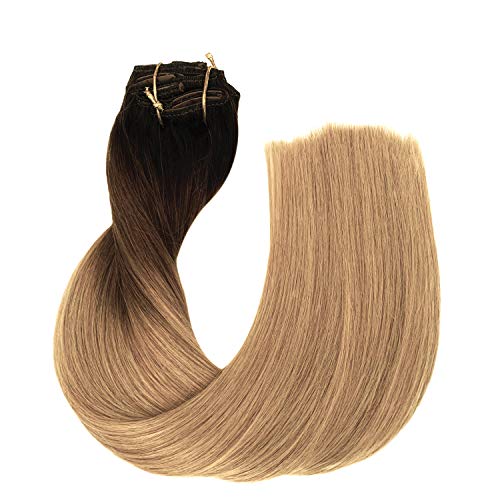 Real Hair Extensions Clip In Dark Brown To Chestnut Fading To Ash Brown Ombre Hair 7Pcs 120G Full Head Silky Straight Soft Thick Clip In Extensions Human Hair For Women 20 Inch #TOP3