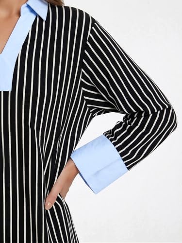 Image of Kedera Women's Summer Striped Dress Long Sleeve V Neck Collared Shirt Mini Dresses 2025 Trendy with Side Slit