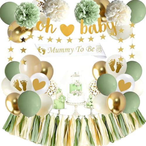 JCitimix Baby Shower Decorations Green Gold Baby Shower Balloons Oh Baby Banner with Mummy To Be Sash for Gender Reveal Party Decoration