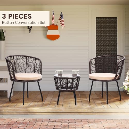 Image of Kromax 3-Piece Patio Modern Bistro Set, Brown /Begie | Outdoor All-Weather Wicker Furniture Chairs and Side Table Set, Ideal for Balcony, Porch and Backyard