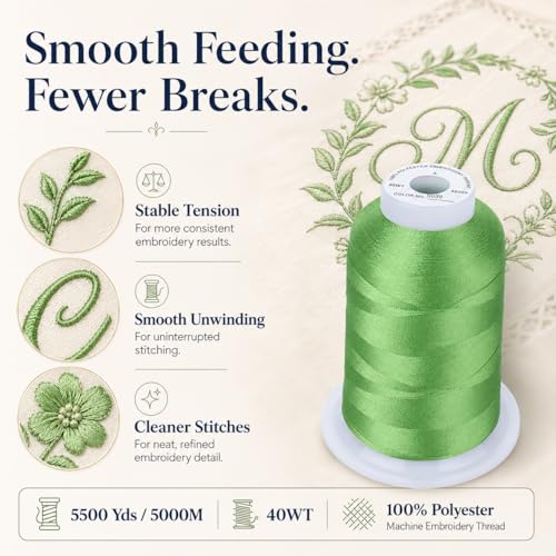 Image of Simthread 5500Yds Embroidery Thread, 5000M High-Yardage 40WT 100% Polyester Thread - 170+ Vivid Colors, High-Speed Rated - Compatible with Brother, Singer, Janome & More - Christmas Green S039 | 5000M 40WT polyester thread feeds smoothly for home or commercial embroidery projects.