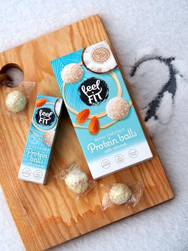 Feel FIT Zuckerfreie Kokos-Pralinen mit Mandeln á 27 g, Zuckerfreie Snack, Protein Balls mit Kokosraspeln