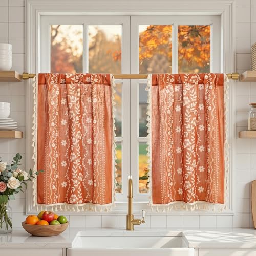 Image of MYSKY HOME Linen Boho Floral Short Tier Curtains 36 Inch Length 2 Pcs