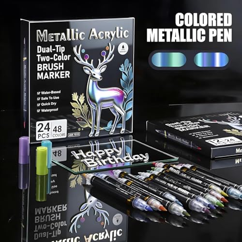 Image of Dual Tip Metallic Acrylic Markers Set (48 Colors, 24 Pens) | Brush & Fine Tip Paint Pens | Waterproof, Quick Dry, High Pigment for Rock Painting, Glass, Wood, Canvas, DIY Crafts & Calligraphy