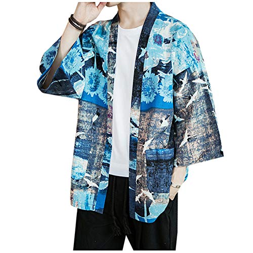 LifeHe Men's Japanese Floral Printed 3/4 Sleeve Kimono Cardigan Jackets (Crane, XS)