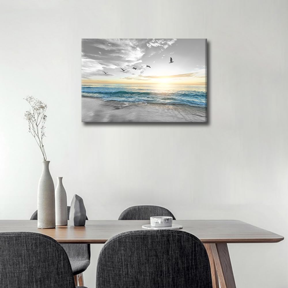 TISHIRON Black and White Canvas Prints Wall Art Beach Sunset Ocean Waves Seagulls Nature Pictures Stretched Canvas Wooden Framed for living Room Bedroom and Office 16x24inch - Image 4
