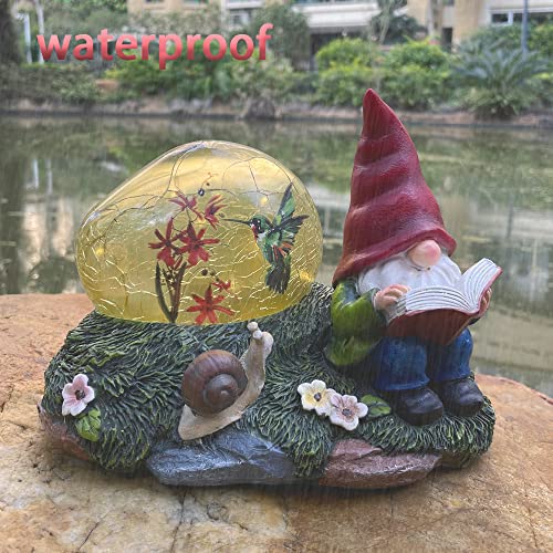 Solar Powered Gnome with Red Hat , Snail and Decorated Solar Light, Garden Decorations Statues , Garden Light Decor for Lawn Ornaments, Resin Garden Figurines
