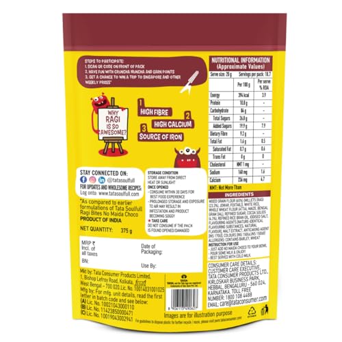 Image of Tata Soulfull Ragi Bites No Maida Choco, Yummy Chocolatey, 375g, Delicious Millets, 7 Grains, High in Protein, Rich in Calcium, Breakfast Cereals