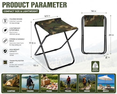 Image of Css Army Heavy Duty Folding Camping Stool, Outdoor Lightweight Small Chair for Camping, Fishing, Picnic, Travel and Hiking Camping BBQ Beach - 17.5 inch Height, Army Green -1 PC