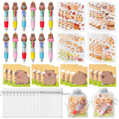 CY2SIDE Capy Stationery Party Gift - 12 Pack Birthday Gift Set with Fun Animal 4-in-1 Ballpoint Pen Sticky Note Sticker and Organza Capy Party Favor Goodie Bag Fillers for School Rewards