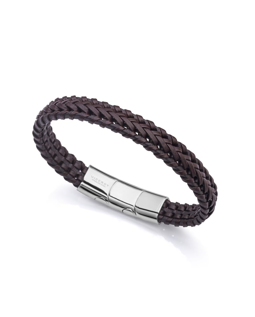 Viceroy Pulsera Magnum de acero con piel marrón trenzada, cierre y extensión