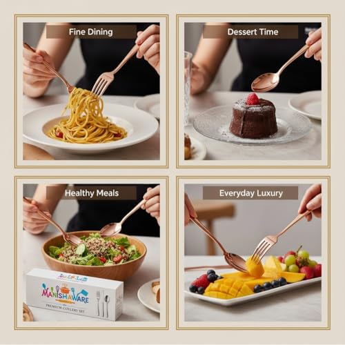 Image of Classic Rose Gold 16 Pcs Stainless Steel Cutlery Set for Dining Table, Dishwasher Safe Glossy Flatware (Perfect Spoon Fork Set)