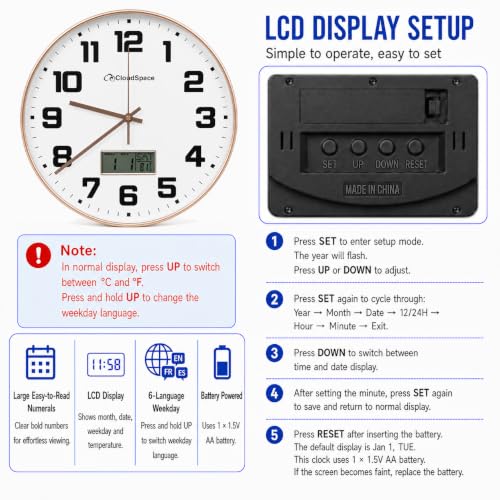 Image of Cloud Space 12 inch Silent Wall Clock Battery Operated, Non Ticking Modern Wall Clock with LCD Calendar & Fahrenheit Temperature Display, Easy-to-Read Kitchen Bedroom Office Living Room Wall Clock