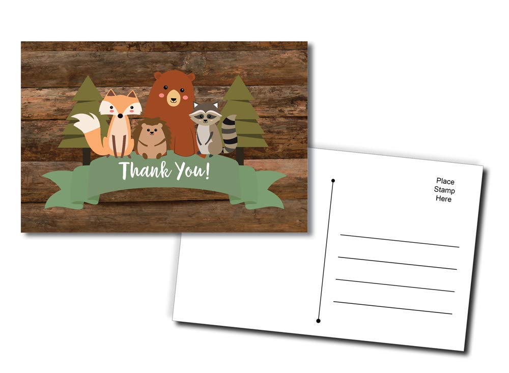 50 Thank You Postcards Cute Rustic Woodland Forest Animals Baby Shower - Baby Shower - Birthday Party - Any Occasion - Fox, Hedge Hog, Deer, Squirrel, Raccoon, Bear