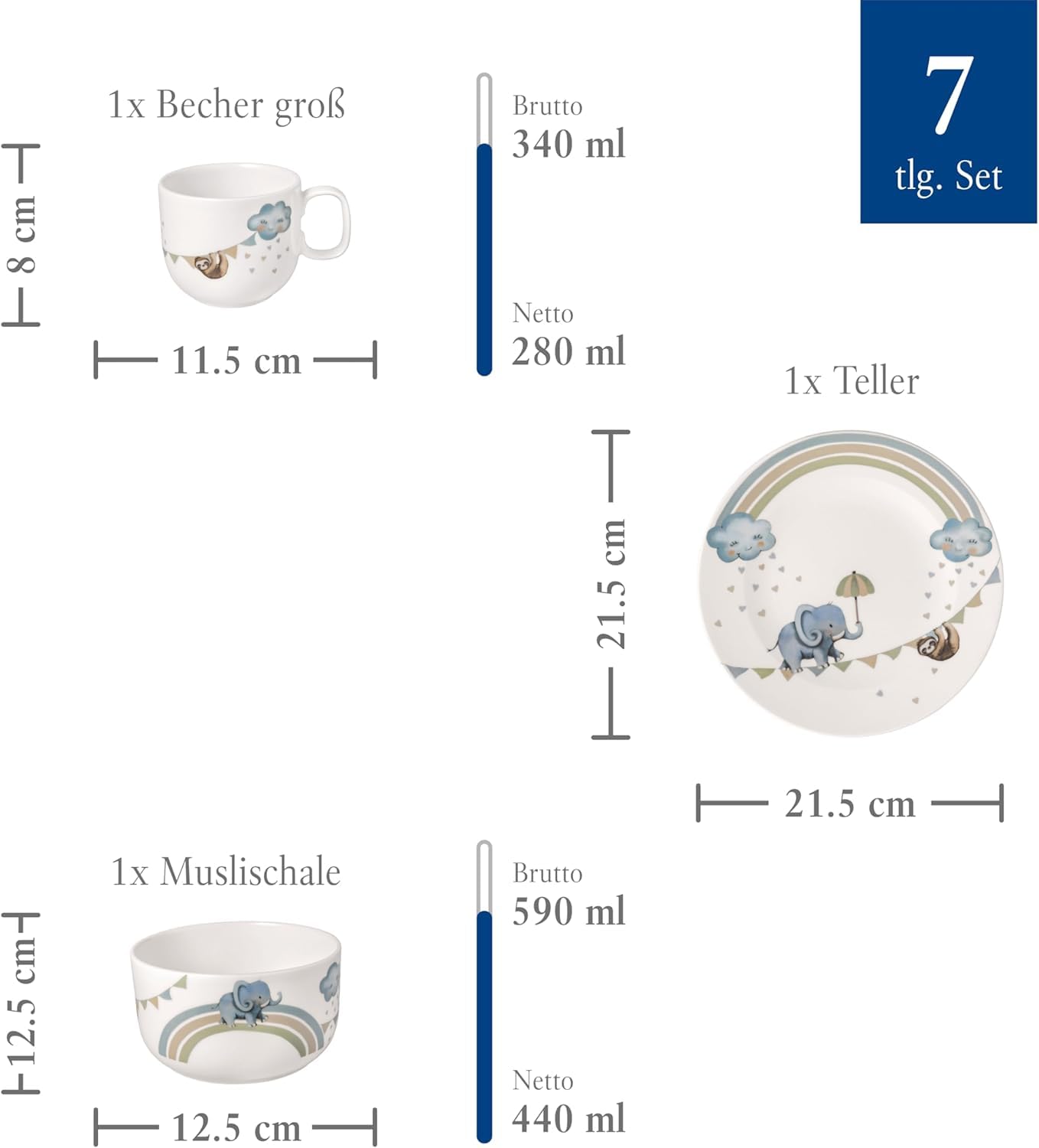 Villeroy & Boch – Boho Kids "Walk like an elephant" Kindergeschirr-Set 7 teilig, Spülmaschinenfest, Mikrowellensicher, Geschirr Besteck Set Kinder, Tiermotiv Elefant und Faultier, Premium Porzellan