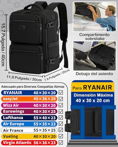 Mochila 40x30x20 viaje cabina avión de 24L para Ryanair y portátil negro 2
