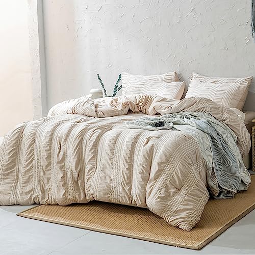 Andency Beige Comforter Set Queen Size, 3 Pieces Khaki Striped Summer Lightweight Bedding Comforter Sets, Bed Set Microfiber Down Alternative (90X90 In Comforter & 2 Pillowcases) #TOP1