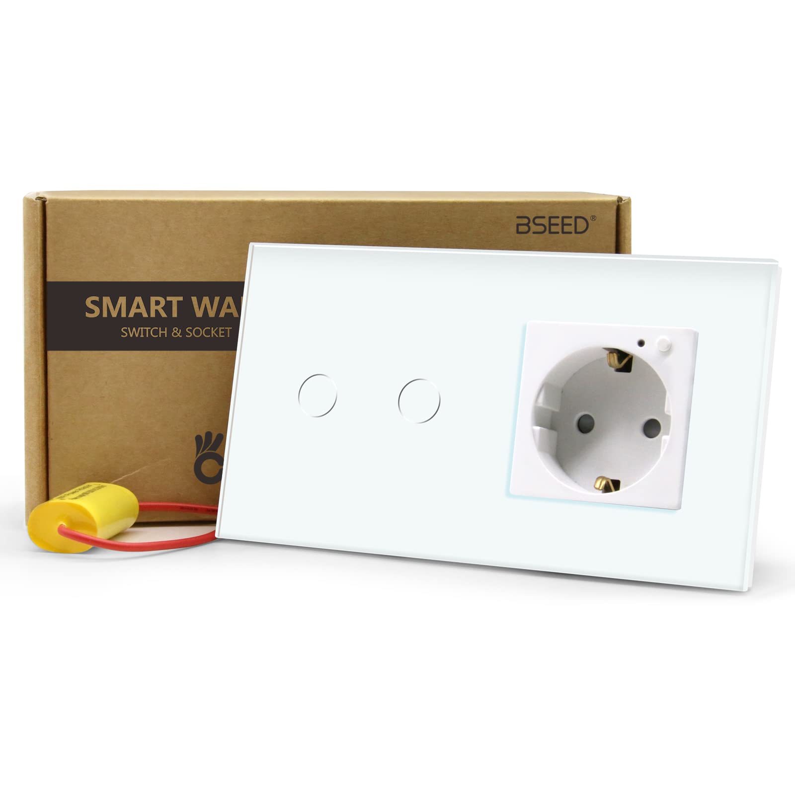 BSEED BSEED Interruptor de Luz Táctil WiFi Inteligente,Panel de Cristal,Compatible con Alexa, Smart Life y Tuya (No Necesita Cable Neutro),2 Gang 1 Vía con 1 WIFI Enchufe,157mm Blanco