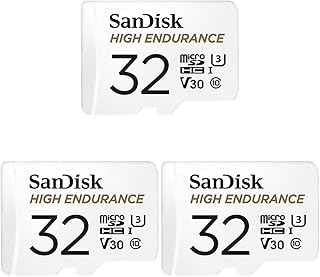 SanDisk HIGH ENDURANCE Video Monitoring for Dashcams & Home Monitoring 32 GB microSDHC Memory Card + SD Adaptor, Up to 100 MB/s read and 40 MB/s Write, Class 10, U3, V30, White (Pack of 3)